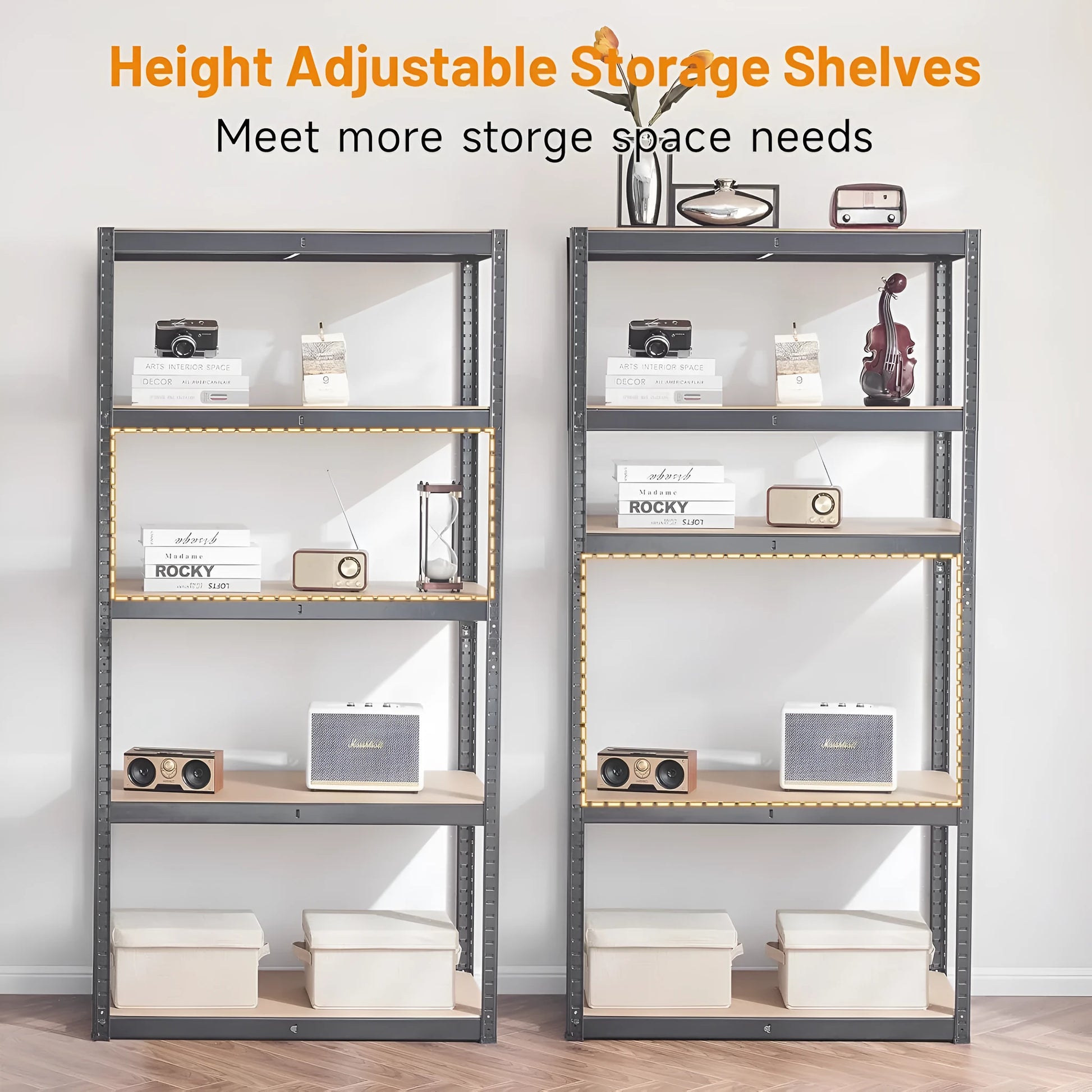 Black five-shelf floor display storage stand measuring 180cm tall