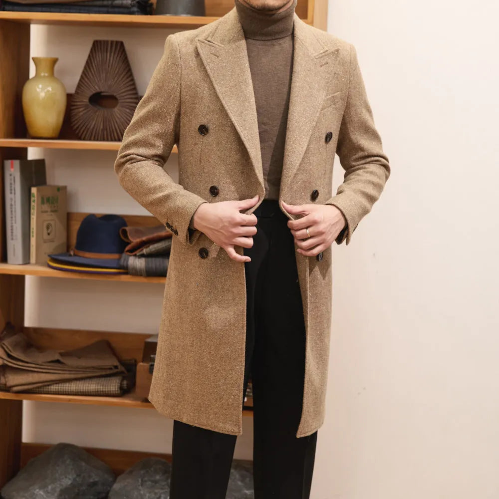 Brown double-breasted slim men's jacket with side seam pockets and straight hem