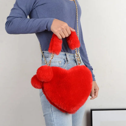 Plush heart-shaped women's handbag in medium size with removable shoulder strap
