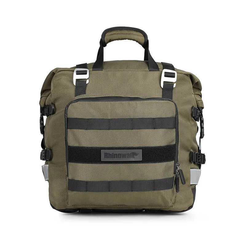 20 litre quick-release motorcycle side bag in army green or black polyester.