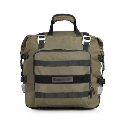 20 litre quick-release motorcycle side bag in army green or black polyester.