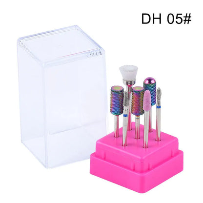 Set of six tungsten steel nail drill bits and a brush in a clear plastic case.