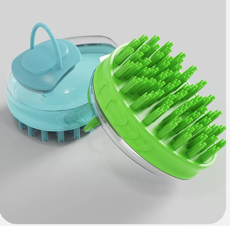 Blue and green pet bath brushes with soft TPR bristles and plastic handles for dog grooming