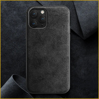 Suede iPhone case in dark blue colour showing full-cover protection design