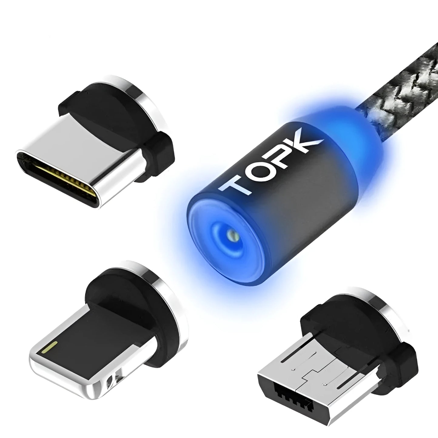 Magnetic 3-in-1 charging cable with Apple, Android, and USB-C plugs on a table