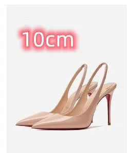 Women's black and red stiletto heel sandals with ankle-strap buckle and pointed toe