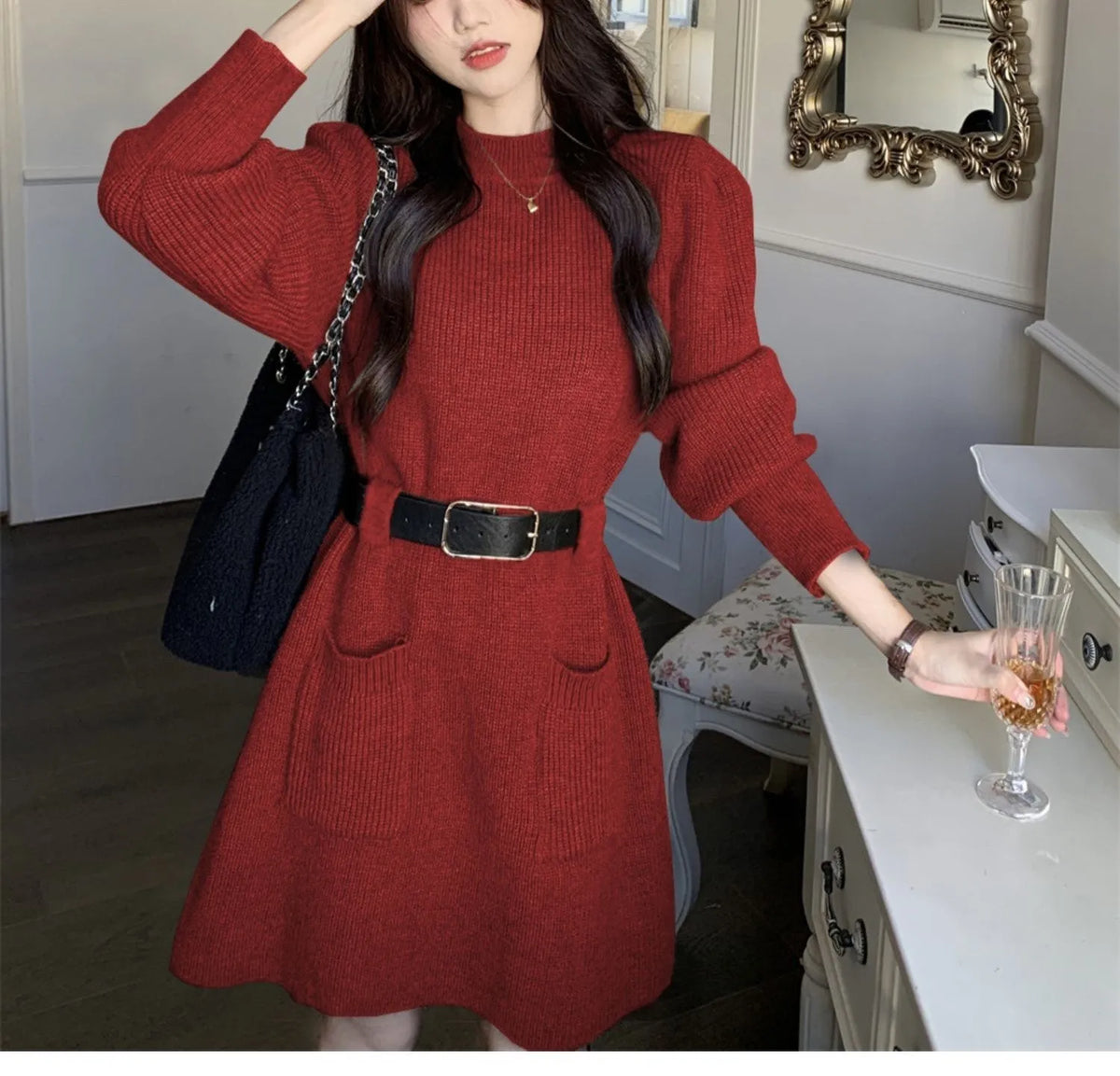 Women's long sleeve loose knitted dress in beige with high waist and included black belt