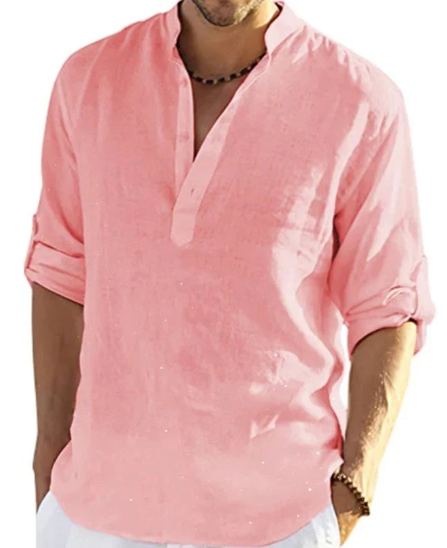 Stylish men's linen shirt with stand collar in various colours and sizes