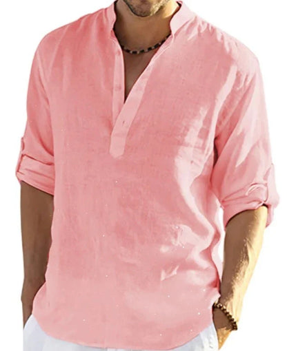 Stylish men's linen shirt with stand collar in various colours and sizes