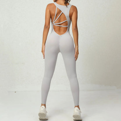 Stylish yoga jumpsuit with V-shaped back design, sleeveless silhouette, and stretch fabric for comfort and mobility