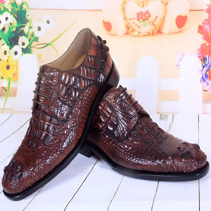 Men's brown crocodile skin leather dress shoes, low upper, breathable, business Korean style, sizes 38-47.