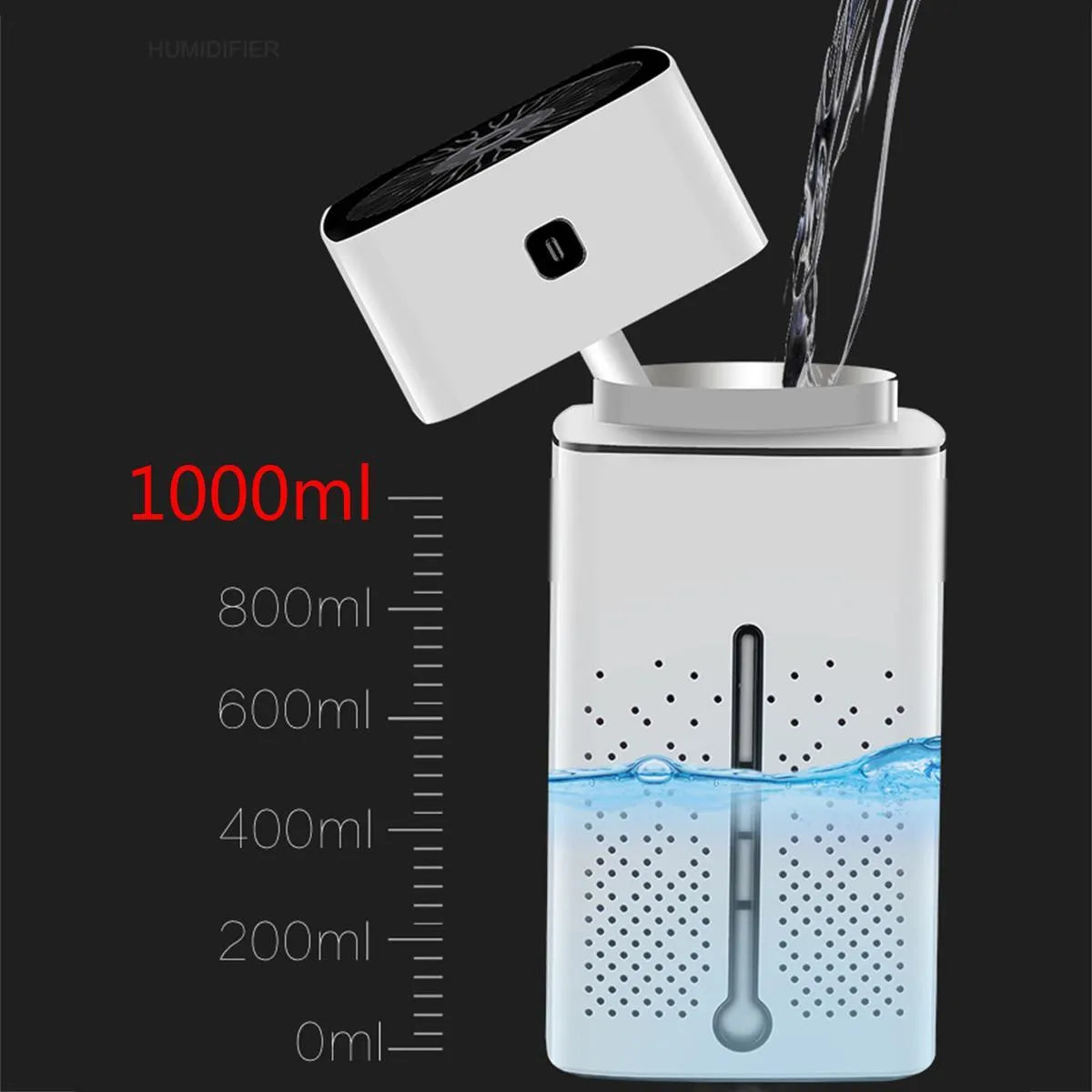 Black desktop humidifier measuring 103x103x218mm with USB cable, water tank showing 1000ml capacity