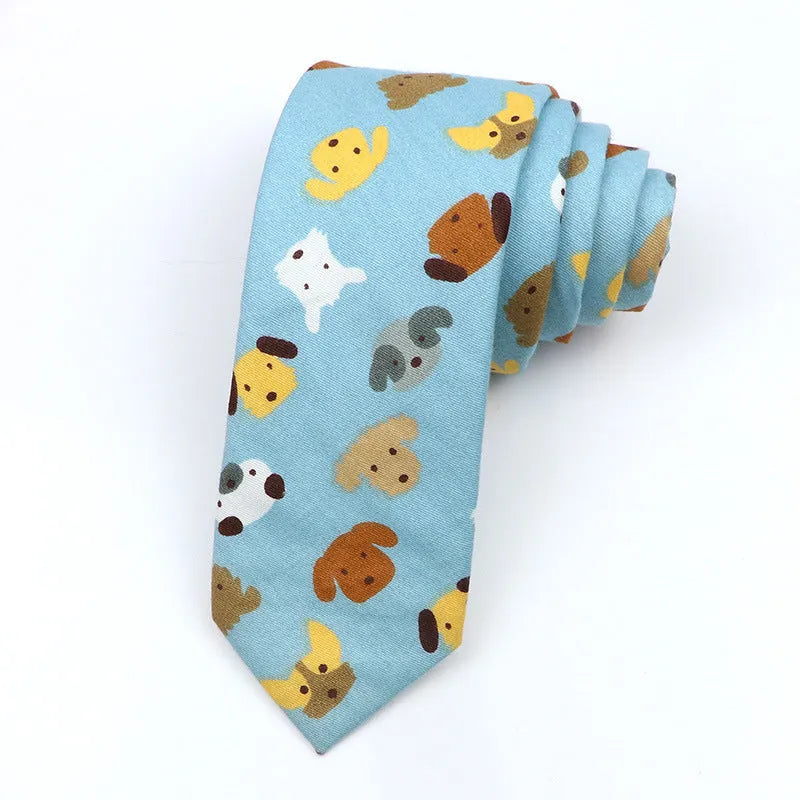 Korean style narrow men's cotton bow tie with a printed cartoon pattern on an adjustable fabric strap.