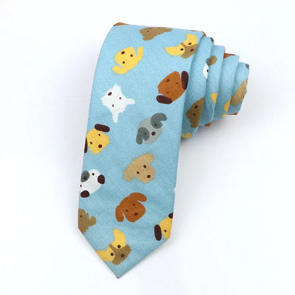Korean style narrow men's cotton bow tie with a printed cartoon pattern on an adjustable fabric strap.