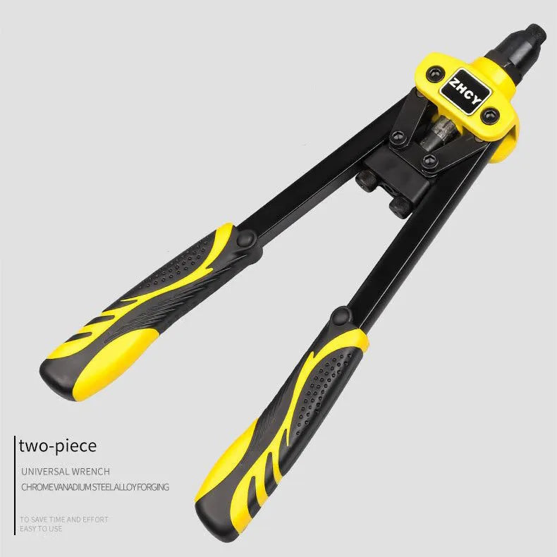 13-inch industrial grade manual rivet gun for household use, yellow labour-saving riveting tool with maximum 4.8mm pull stud size, built-in 3.2mm 4.0mm 4.8mm tips, 1kg pulling force and 1mm stroke for domestic repairs