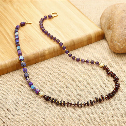 Purple amethyst and garnet stone bracelet with geometric design and adjustable sizing