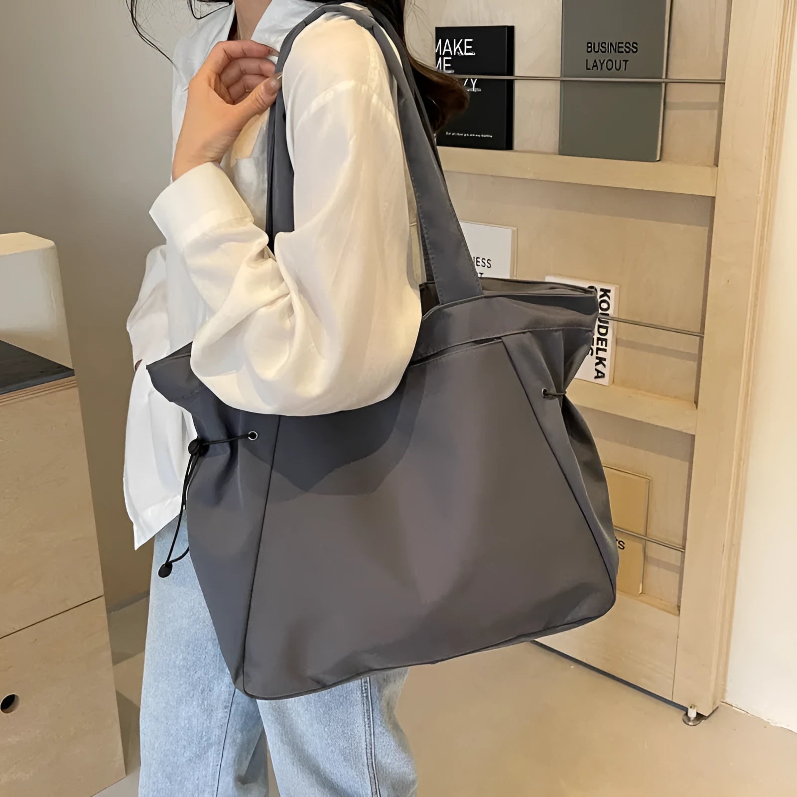 Soft Oxford cloth foldable commuter tote bag in street trend style, shown in available colours.