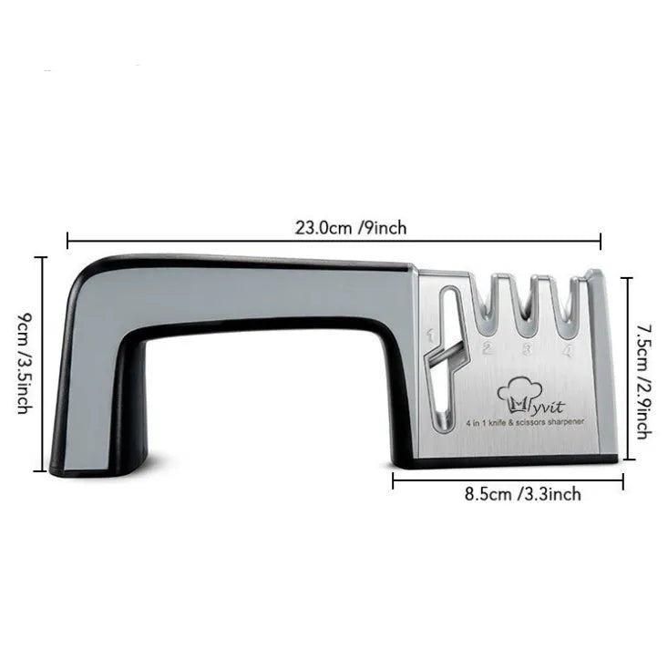 Four-in-one kitchen knife sharpener with 304 stainless steel body and ABS/TPR handle in black colour