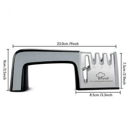Four-in-one kitchen knife sharpener with 304 stainless steel body and ABS/TPR handle in black colour