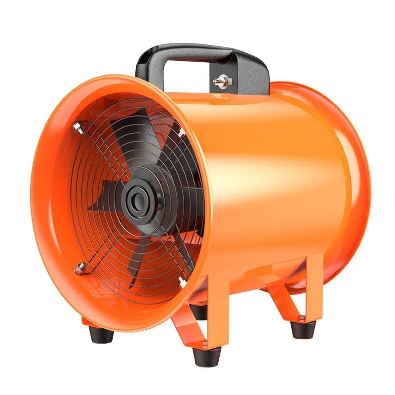Silver 8-inch industrial axial flow fan with attached flexible silver air duct on a workshop floor.