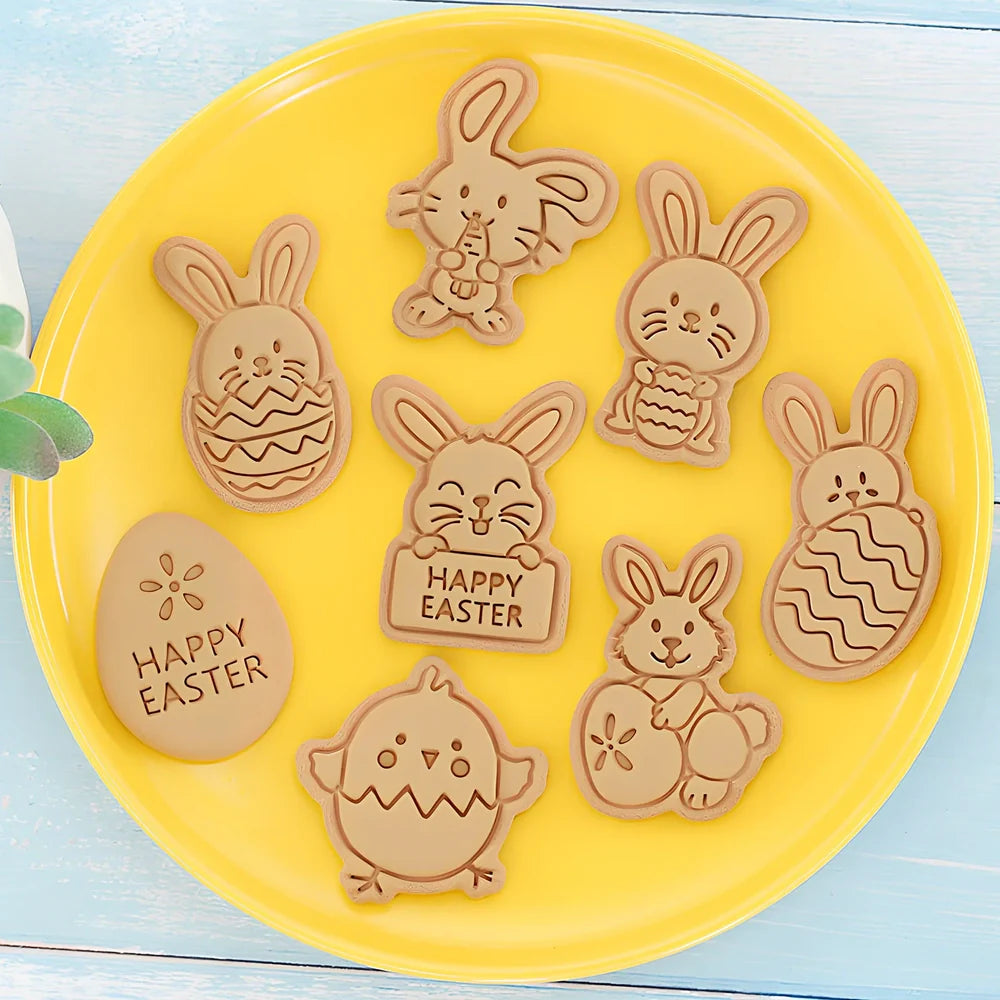 8-piece plastic cartoon bunny and Easter egg biscuit molds, irregular shapes 6-10cm wide for easy dough pressing