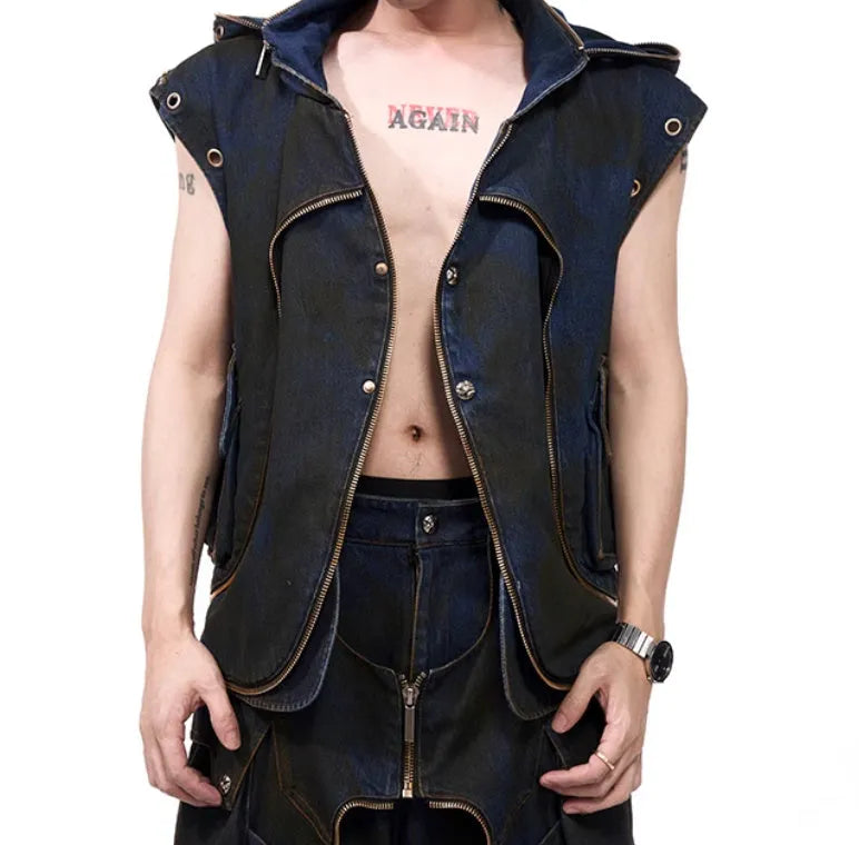 Korean style hooded denim vest coat jacket with matching blue trousers