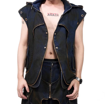 Korean style hooded denim vest coat jacket with matching blue trousers