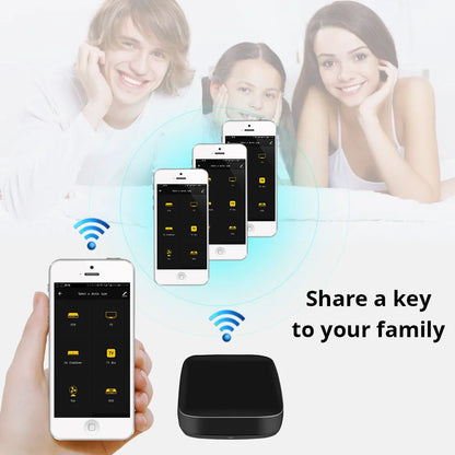 Black universal infrared remote control device with voice control and WiFi connectivity features