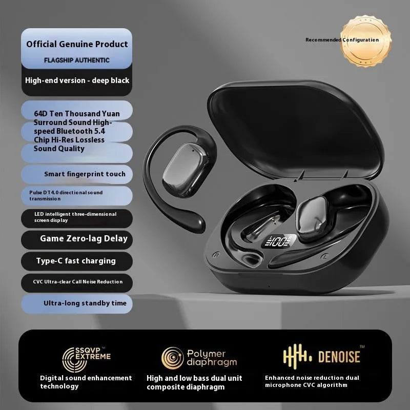Ear-mounted wireless headphones with digital display screen on ear piece.