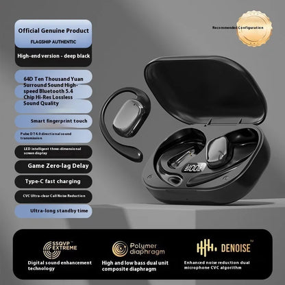 Ear-mounted wireless headphones with digital display screen on ear piece.