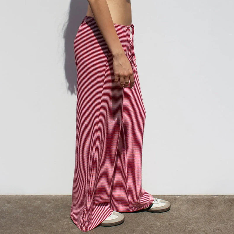 Stylish women's striped wide-leg trousers with lace-up detail in various colors