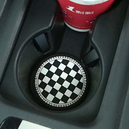 PVC plastic car cup holder mat with non-slip textured surface in black and white checkerboard pattern