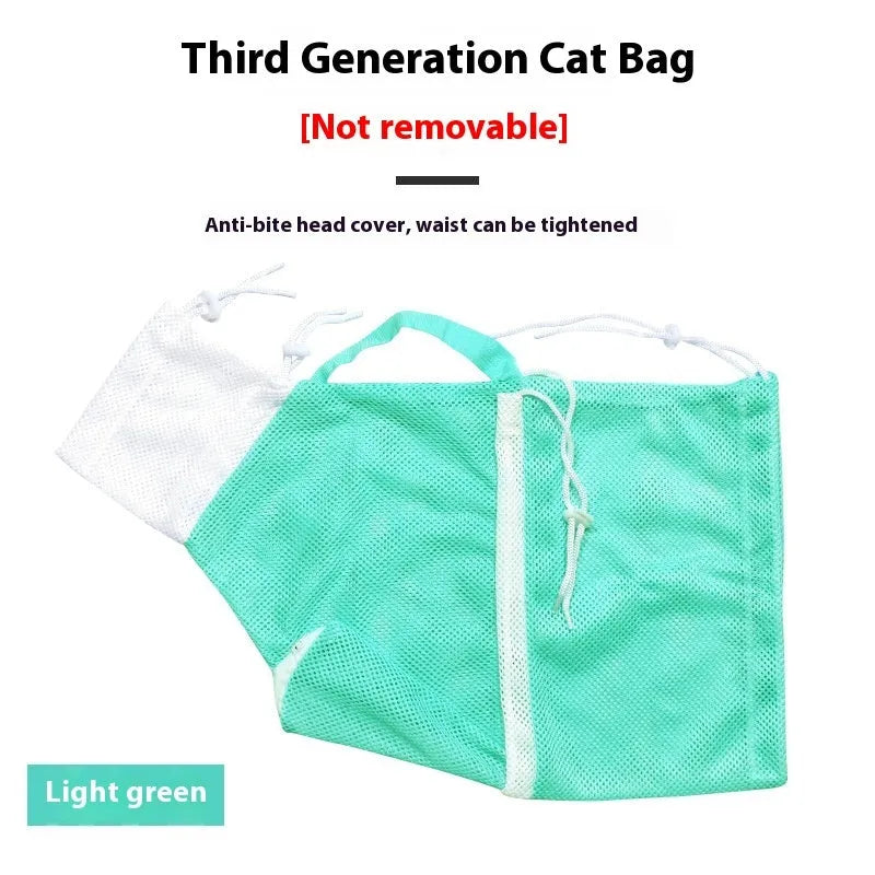Upgraded fifth-generation cat grooming bag in grey and white, shown detachable and scratch-resistant.