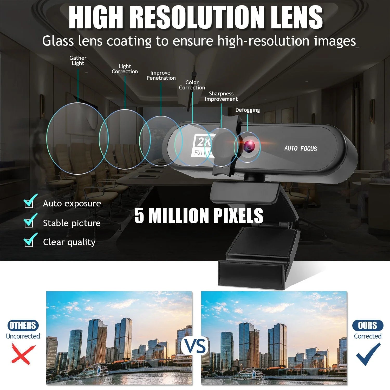Premium 4K auto-focus webcam with dual microphones for clear, high-quality video and audio during video calls, live streams, and online conferences