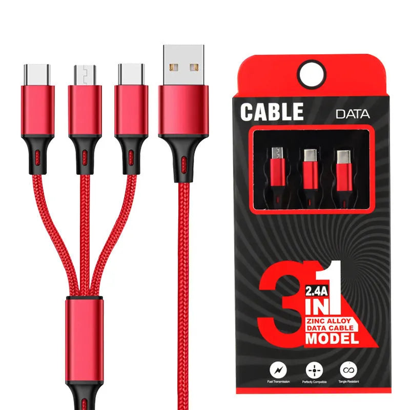 Red 3-in-1 nylon braided charging cable with three connector types on a 1.2m cord