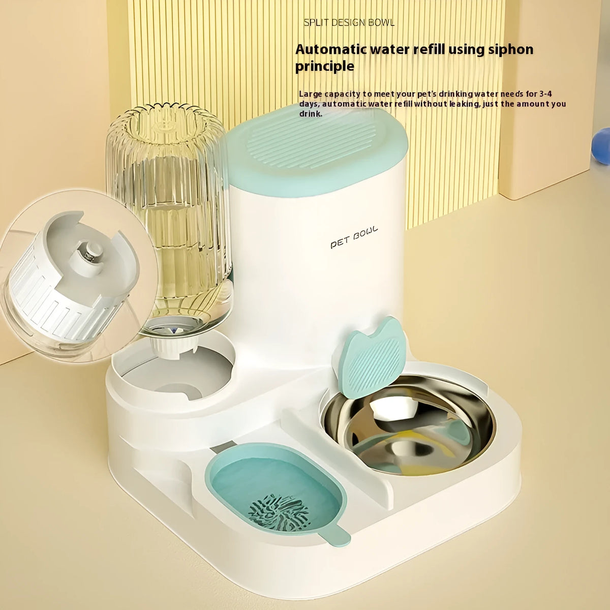 Automatic cat water fountain with dual stainless steel bowls in avocado green colour