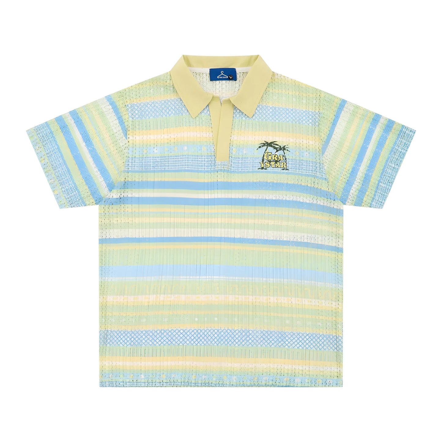 Men's blue and yellow printed short sleeve shirt with loose leisure fit on hanger