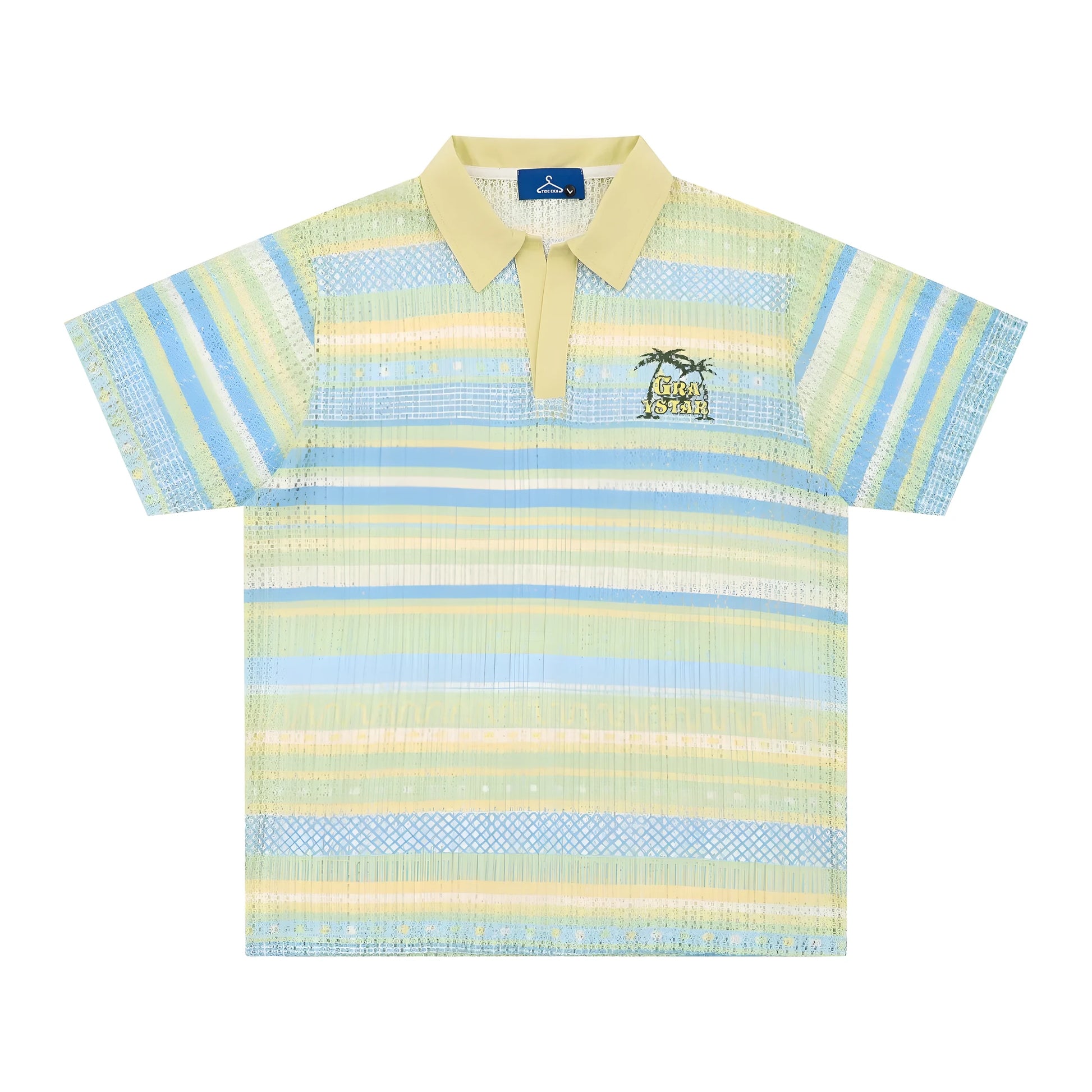 Men's blue and yellow printed short sleeve shirt with loose leisure fit on hanger