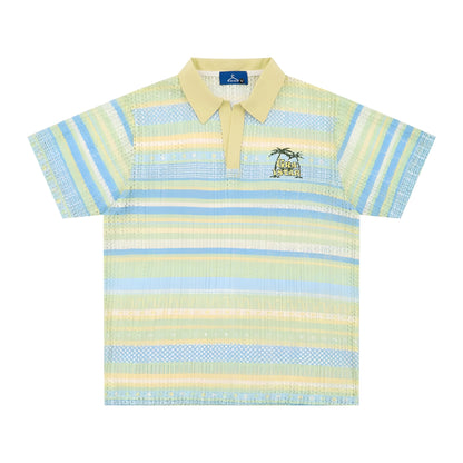 Men's blue and yellow printed short sleeve shirt with loose leisure fit on hanger
