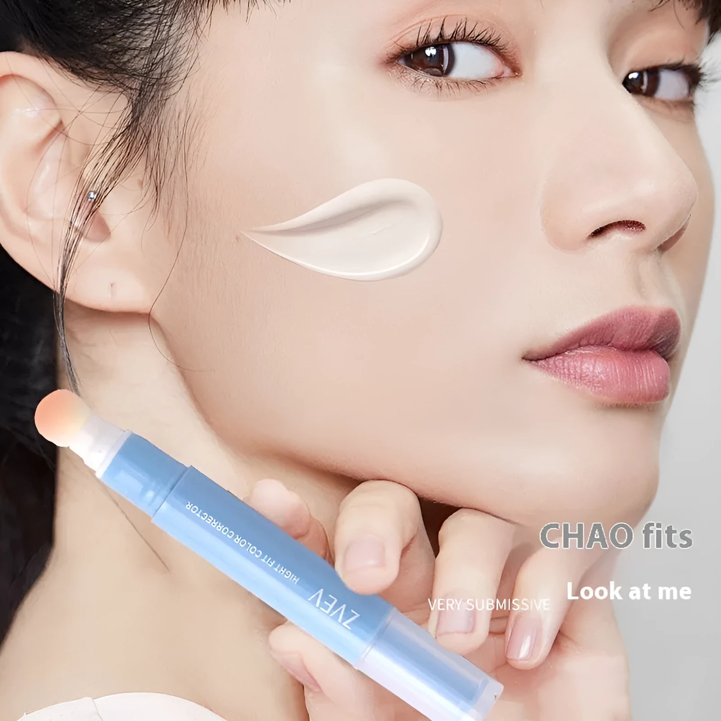 Concealer tube with sponge brush applicator in three colour options for skin tone correction