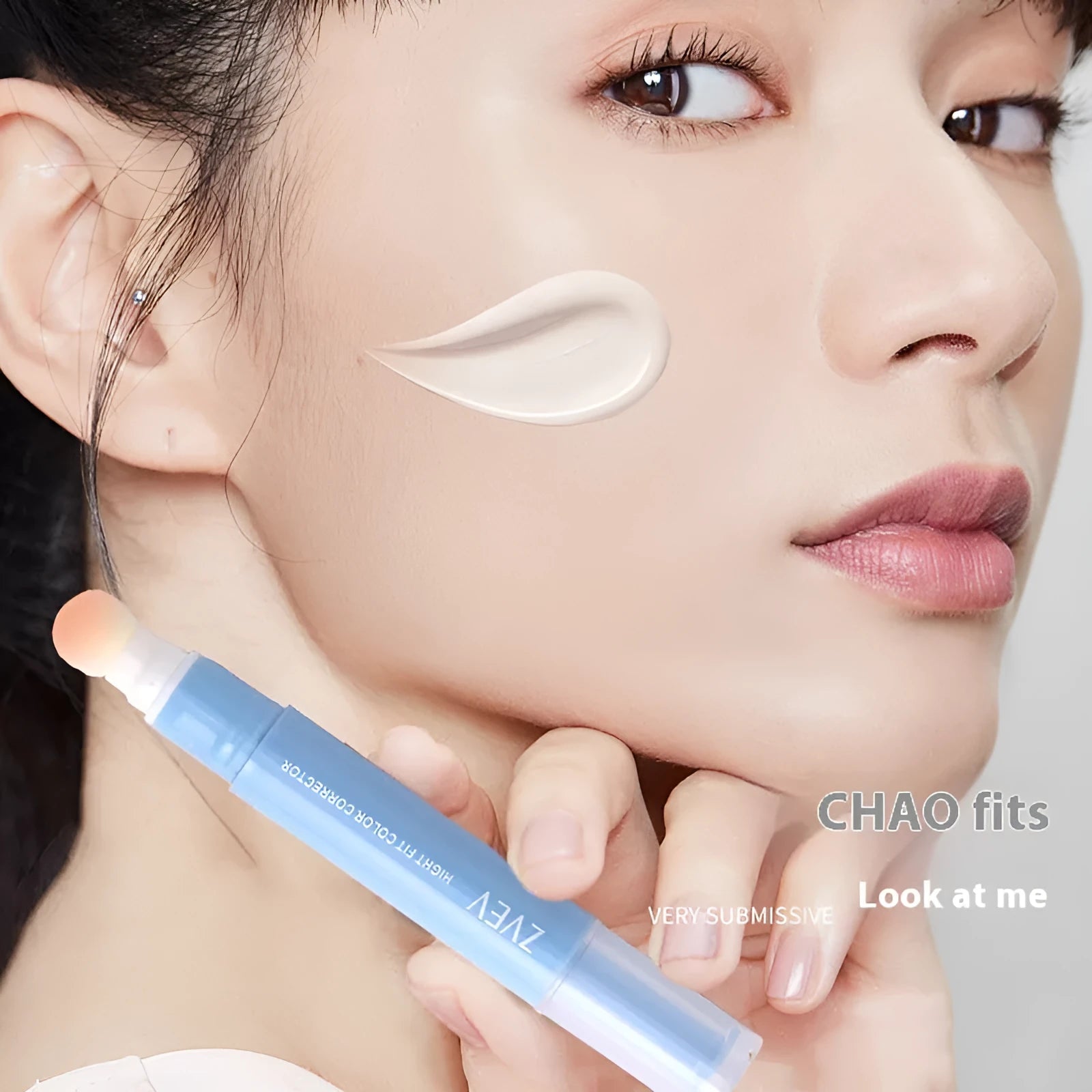 Concealer tube with sponge brush applicator in three colour options for skin tone correction