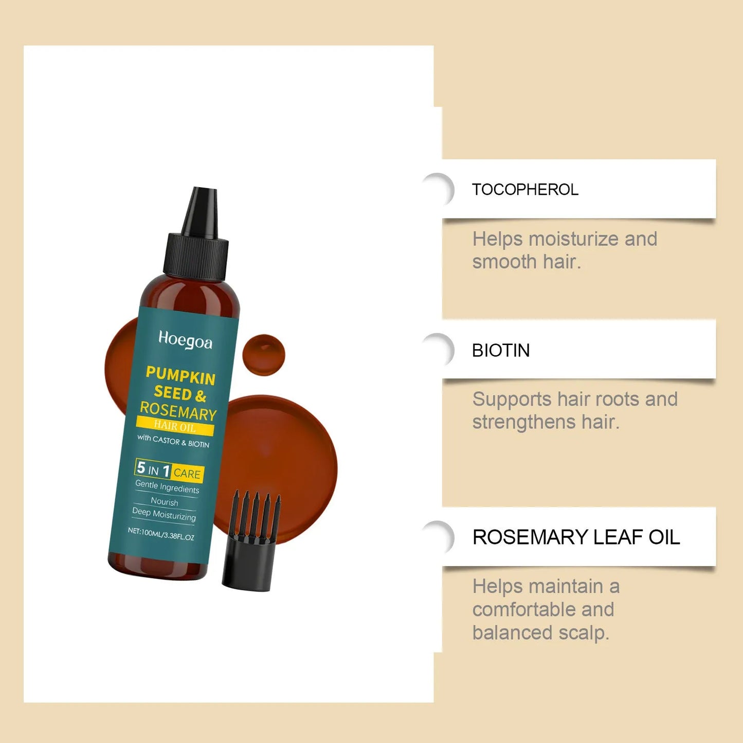 100ml rosemary essential oil bottle with pointed applicator nozzle and white detangling comb on wooden table