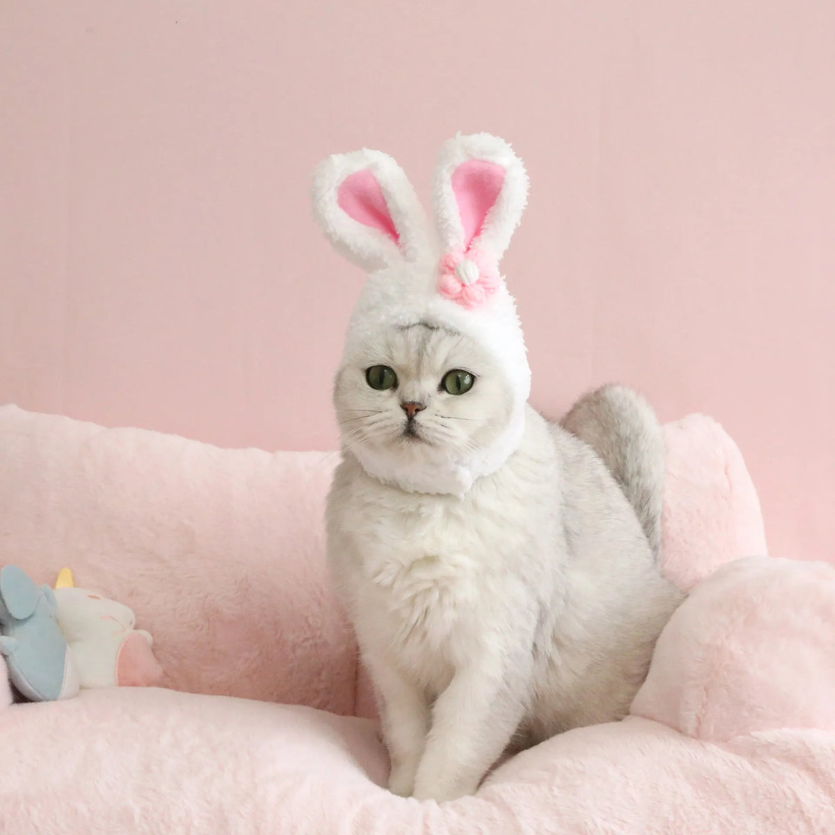 Plush cartoon rabbit ear pet hat in soft Polar Fleece, available in Carrot or Flower design, fits 28-35cm heads.