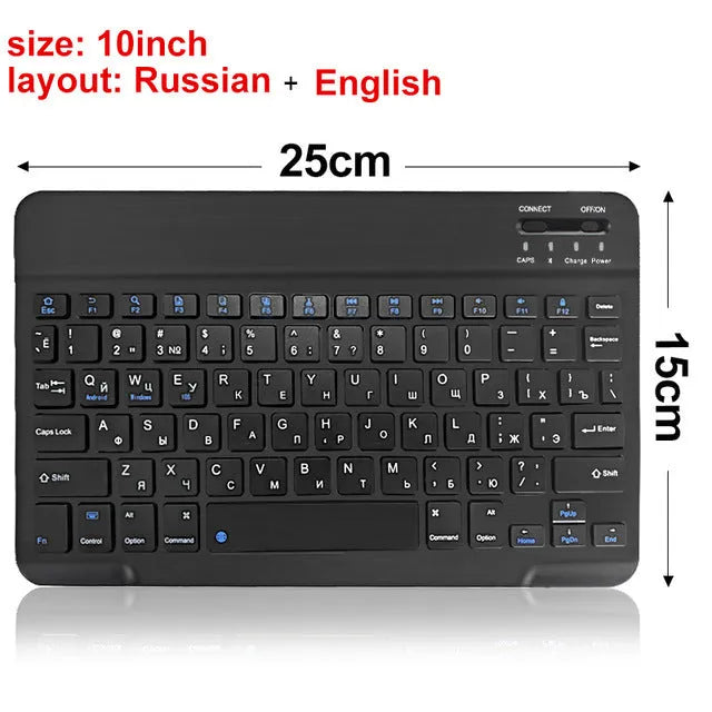 Black or white mini Bluetooth wireless keyboard shown in 7-inch, 9-inch, and 10-inch compact sizes.