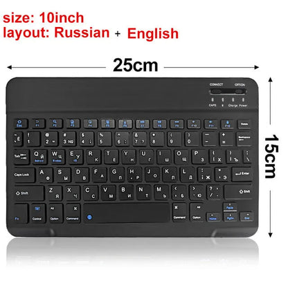 Black or white mini Bluetooth wireless keyboard shown in 7-inch, 9-inch, and 10-inch compact sizes.