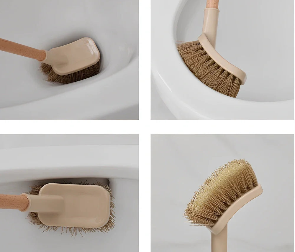 Wooden handle toilet brush with 360-degree bristle coverage for complete toilet cleaning