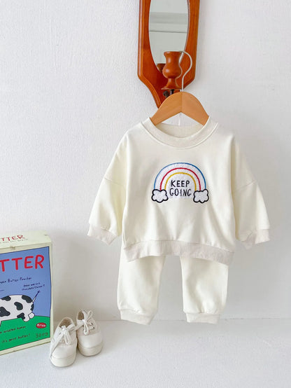 Children's cotton two-piece sweater set with pullover top and trousers in beige, emerald, or pink, sizes 66cm to 100cm.