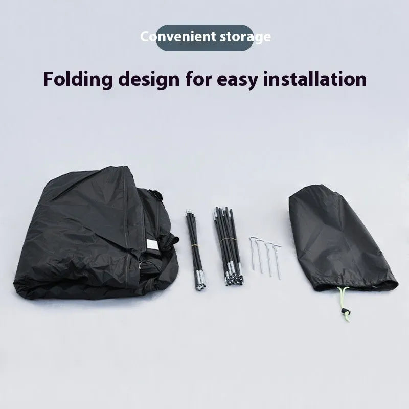 Large black outdoor roof tent for storing two bicycles, showing full assembly with brackets.