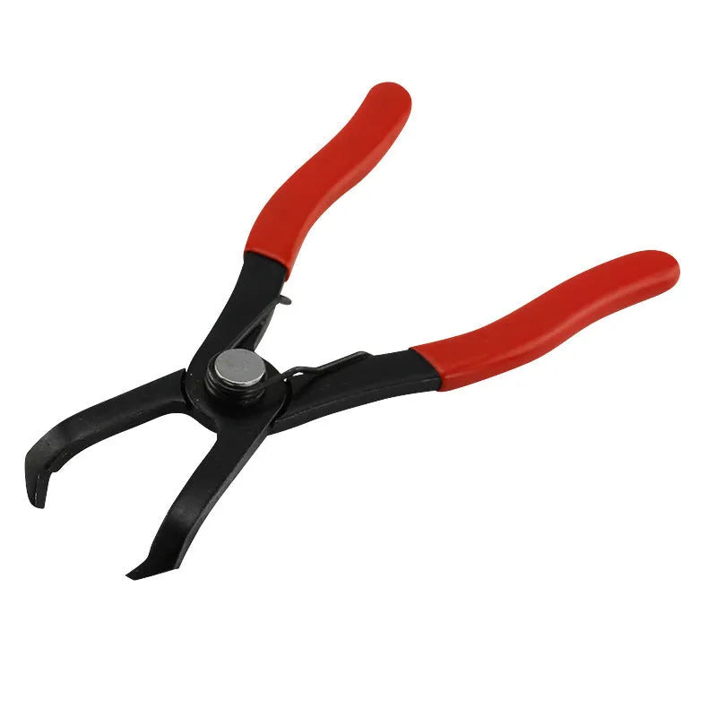 Red round nail removal pliers with PVC handles, jaws open, designed for extracting wire buckles and panel pins.