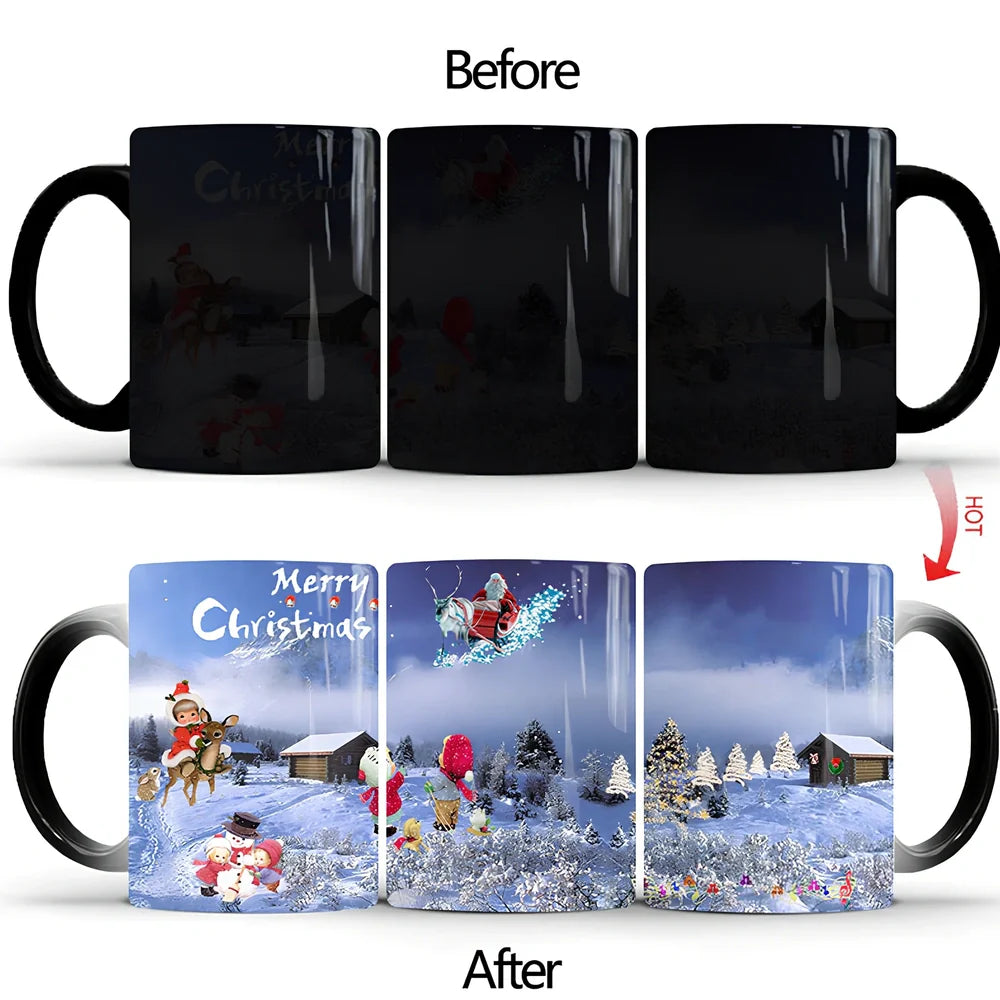 Christmas magic mug showing colour transformation from black to festive patterns when filled with hot liquid